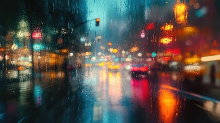 Fototapeta premium Blurred city streets at night under a soft rain, with colorful bokeh lights creating a dreamy, cinematic mood perfect for an urban evening scene