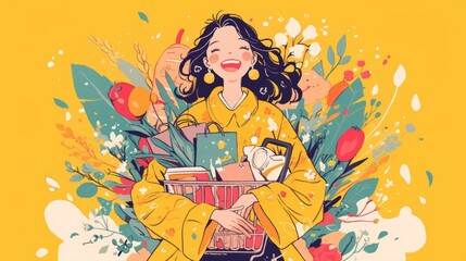 Obraz premium Cheerful woman enjoying shopping with vibrant floral background