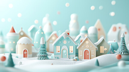 Fototapeta premium Festive Christmas village scene, decorated houses and snowcovered trees, 3D illustration