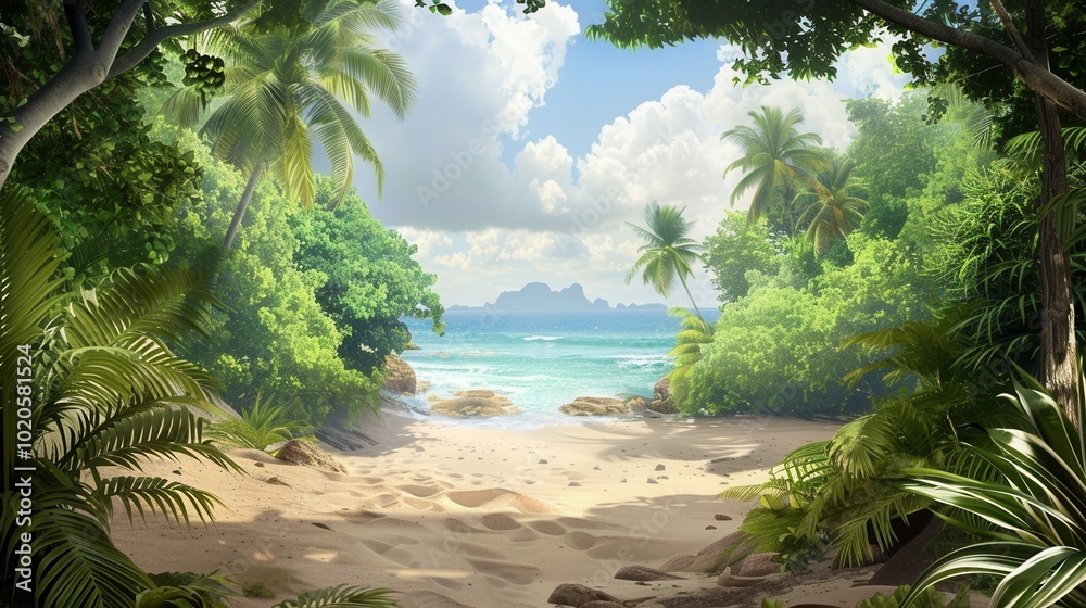 Poster a vibrant tropical forest transitions into a sandy beach, creating a peaceful coastal atmosphere wit