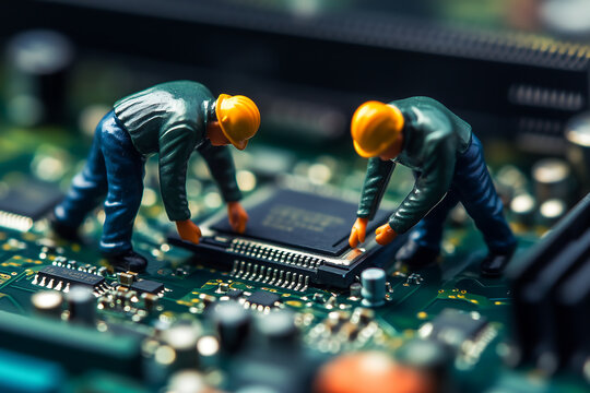 Miniature Workers Assembling a Microchip on a Computer Motherboard