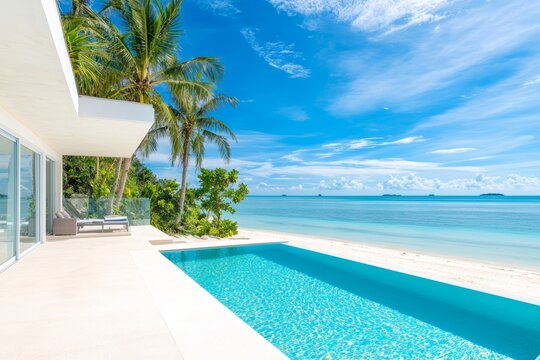 Minimalist beachfront villa with an infinity pool, calm ocean views and bright blue skies, ideal for luxury travel marketing, real estate listings, or architectural showcases - Powered by Adobe