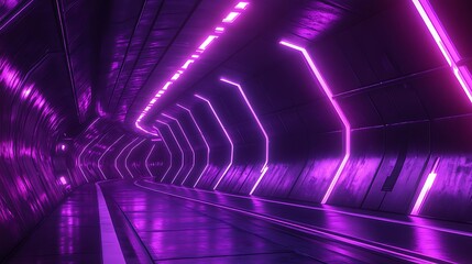 A long, futuristic tunnel with bright pink neon lights reflecting on the glossy floor.