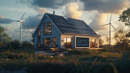 Obraz premium Modern House with Solar Panels and Wind Turbines in a Meadow