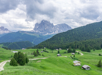 A stunning alpine landscape with green meadows, traditional huts, and distant mountains under a partly cloudy sky.