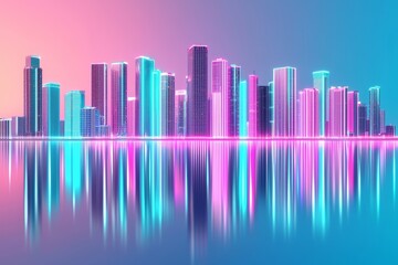 Fototapeta premium Neon-lit city skyline at night, colorful reflections in the water, vibrant urban scene with glowing skyscrapers, perfect for futuristic cityscapes or urban lifestyle visuals