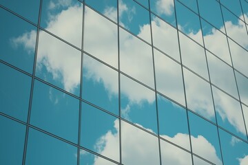 Perspective shot of modern glass facades, reflecting the sky, minimalistic and sleek design, great for architectural portfolios, technology ads, or urban landscape visuals