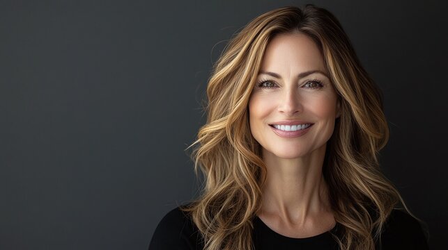 radiant middle-aged woman with a beautiful smile, looking directly into the camera, gray background setting, confident and serene mood, modern portrait showcasing mature charm and elegance