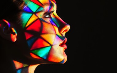 Portrait of a woman with glowing stained glass reflections, colorful patterns on her skin, ideal for light and shadow art, creative portraiture, or emotional storytelling