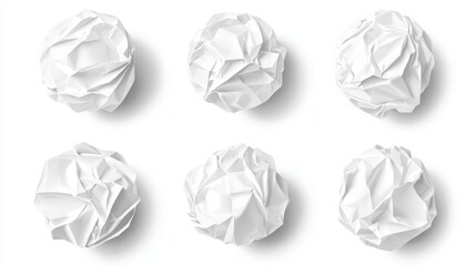 Set of four crumpled white paper balls, isolated on white background, detailed texture and wrinkles, perfect for waste management, stress, or creativity concepts