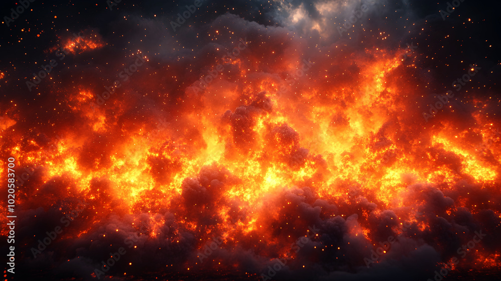 Poster intense and dramatic fiery explosion erupting in cataclysmic in chaos,destruction,and mayhem. specta