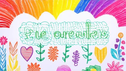 Cute kid scribble line flower, heart. rainbow background. Hand drawn doodle sketch childish element set. children draw style design elements background. Vector illustration with cute animals