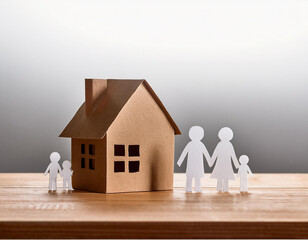 Una familia de papel y una casita de carton sobre la mesa