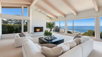 Spacious coastal living room with panoramic ocean views, sleek contemporary decor, and natural light, ideal for luxury property promotions or vacation home marketing