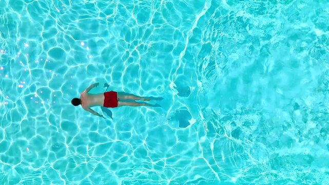 Aerial view as a man dives into the pool and swims.