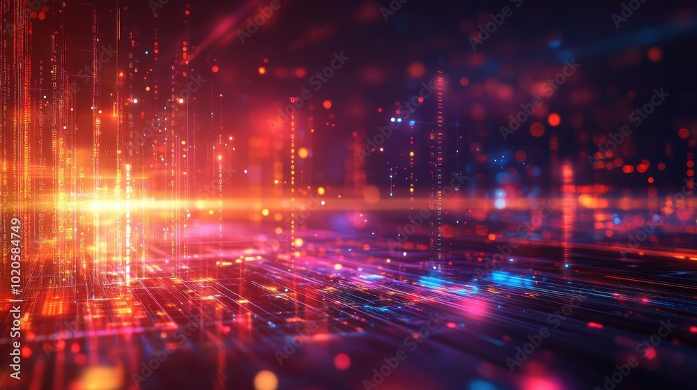 Poster futuristic digital background with glowing lines and abstract data grids, representing big data and 