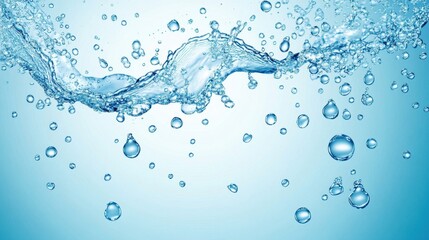 Fresh water droplets and bubbles splashing against a light blue background, creating a clean, refreshing visual perfect for organic product promotion