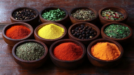 Wooden bowls of vibrant spices displayed