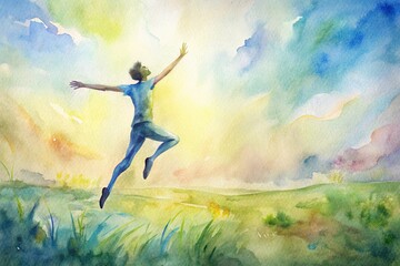 Joyful Figure Leaping with Exuberance in Ethereal Watercolor Landscape
