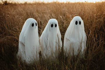 Funny people kids animals wearing halloween ghost costume celebrating, Generative AI