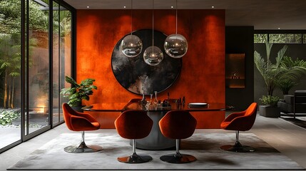 Luxurious modern living and dining room design with vibrant red and orange color palette,sleek minimalist furniture,pendant lighting.