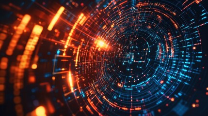 Obraz premium High-tech, futuristic vector background featuring glowing circuits, grids, and swirling digital particles, representing the concept of big data