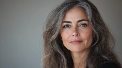 Naklejka premium mature woman closeup portrait with glowing healthy skin, confident 50s lady looking at the camera, middle-aged beauty embracing natural skincare, age-defying elegance and radiant complexion