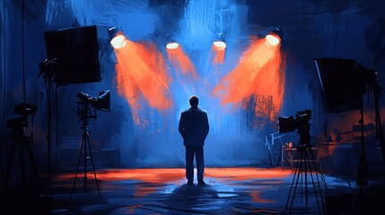 Dramatic silhouette of man in studio lighting setup