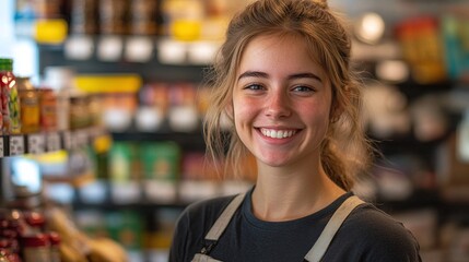 young smiling supermarket worker in uniform looking at the camera, cheerful female employee providing excellent customer service in the grocery store, food retail assistant in friendly environment