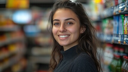 young smiling supermarket worker in uniform looking at the camera, cheerful female employee providing excellent customer service in the grocery store, food retail assistant in friendly environment