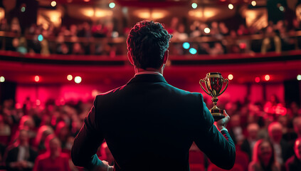 Man Accepting a Prestigious Award on Stage in a Theater Full of Applauding Audience