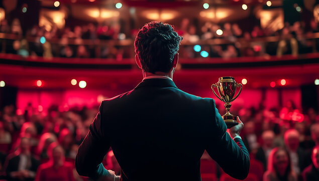 Man Accepting a Prestigious Award on Stage in a Theater Full of Applauding Audience