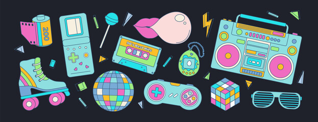 Set of colorful elements 80s 90s, retro badge, emblem, fashionable patch. Disco ball and sunglasses, boombox and roller, cassette. Vector illustration