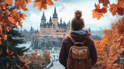 A person carrying a backpack is standing in front of a grand castle