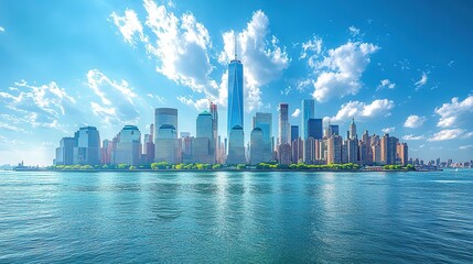 Obraz premium New York City skyline with skyscrapers and waterfront under a blue sky with clouds, Generative Ai