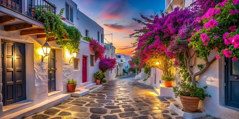 Obraz premium Discover the charm of the Cyclades through low light photography, featuring the colorful floral streets of Mykonos that capture the island's unique beauty.