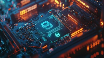 Close-up of a Futuristic Circuit Board with Glowing Lines and a Padlock Symbol