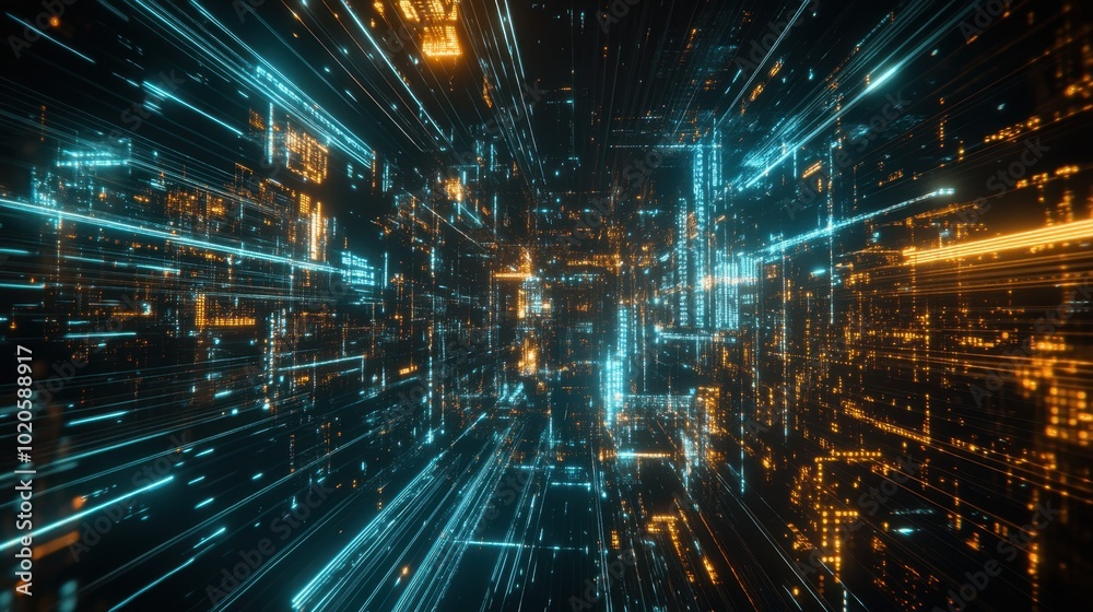 Poster sci-fi technology backdrop with interconnected digital streams, glowing data points, and network pat