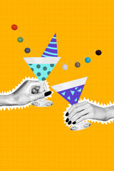 Trend artwork 3D sketch photo collage of carefree party rest occasion happy birthday anniversary two hands hold glass drink coctail toast