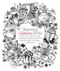 Vector banner template autumn drinks. Sea buckthorn tea, marshmallow cocoa, apple cider, spiced tea latte, hot chocolate , pumpkin spice latte, mulled wine