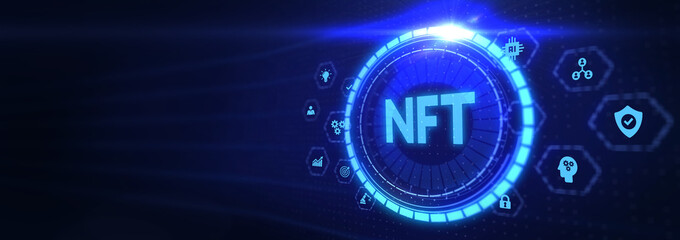 NFT Non-fungible token digital crypto on virtual screen. 3d illustration