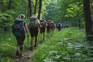 A group of hikers treks along a lush forest path. Explore the wonders of nature in summer.