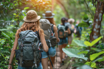 A group of hikers treks along a lush forest path. Explore the wonders of nature in summer.