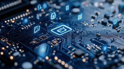 Fototapeta premium Abstract Circuit Board with Glowing Security Icons