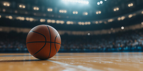 Basketball Resting on Wooden Court in Empty Arena Under Bright Stadium Lights, Highlighting Competitive Sports