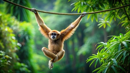 Forced perspective image of a curious gibbon swinging through the rainforest