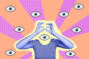 Creative collage image headless person hand gesture vision eyesight look stare supervision espionage psychedelic concept