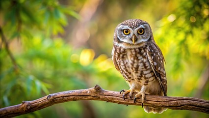 Forced perspective image of a daytime sentinel owl resting on a branch