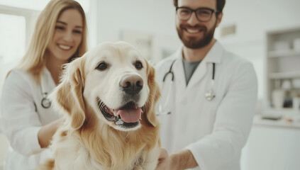 Smiling Veterinarians with Golden Retriever in Veterinary Clinic, Showcasing Pet Healthcare and Professional Veterinary Services