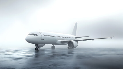 Obraz premium Passenger airliner aircraft parked on the airport runway waiting to take off in overcast,gloomy,and stormy winter weather conditions for commercial air travel and transportation.